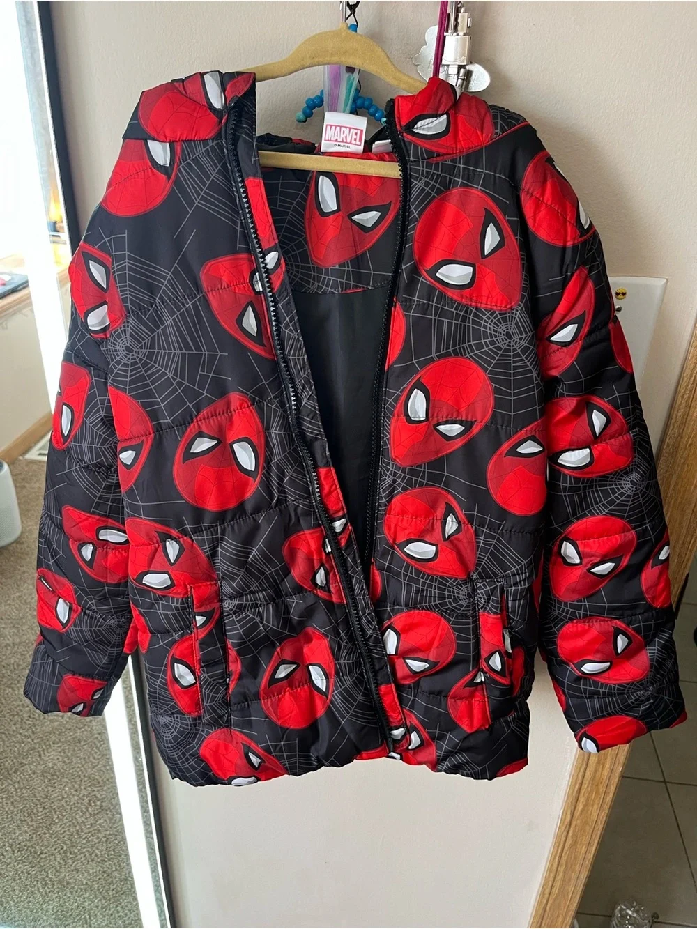 Marvel Black Puffer Jacket with Red Spider-Man Face Print